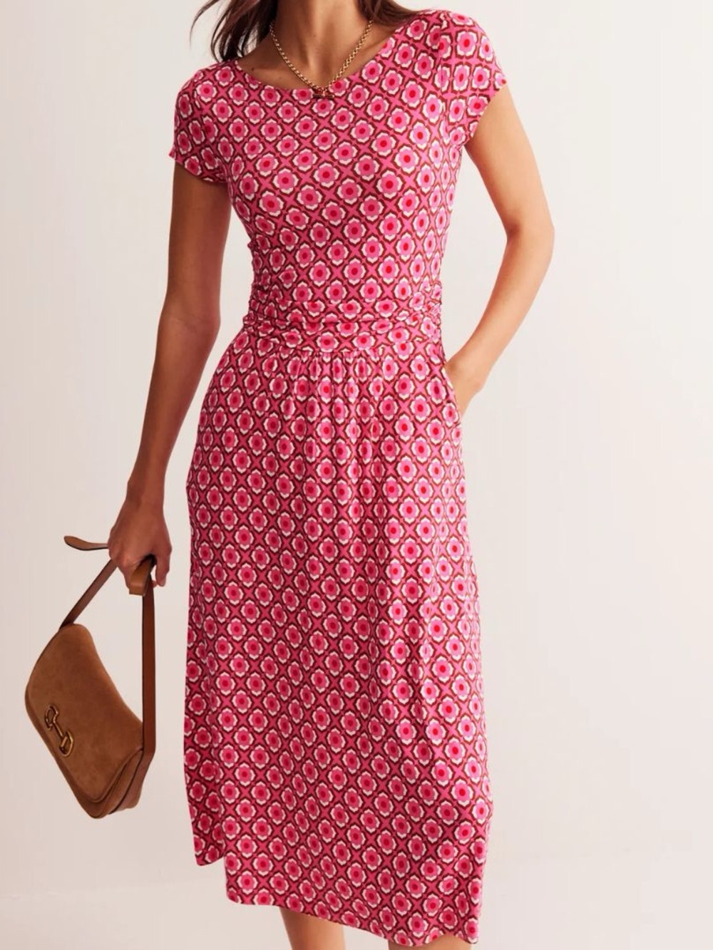 Boden Pink and red Print Midi Dress. Size 10L.